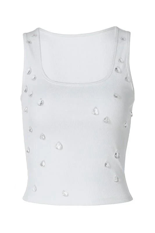 Women Summer Bling Beading Tank Top | Sleeveless Short Cami Tee