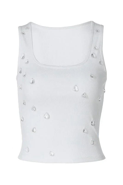 Women Summer Bling Beading Tank Top | Sleeveless Short Cami Tee