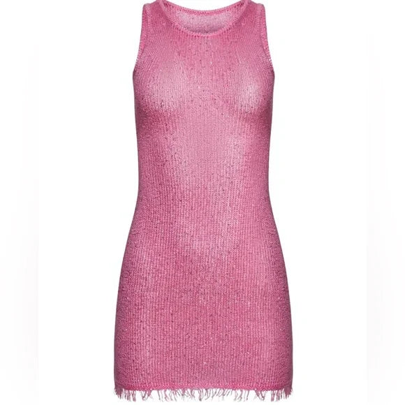Women Summer Sequin Dress | Sleeveless | Glitter Lace Mini Dress Pink