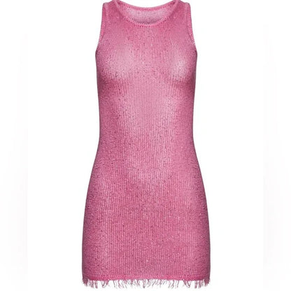 Women Summer Sequin Dress | Sleeveless | Glitter Lace Mini Dress Pink