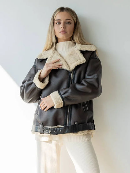 Women Dark Brown Shearling Leather Jacket | Classic Fur Leather Jacket | Long Sleeve Moto Biker Zipper