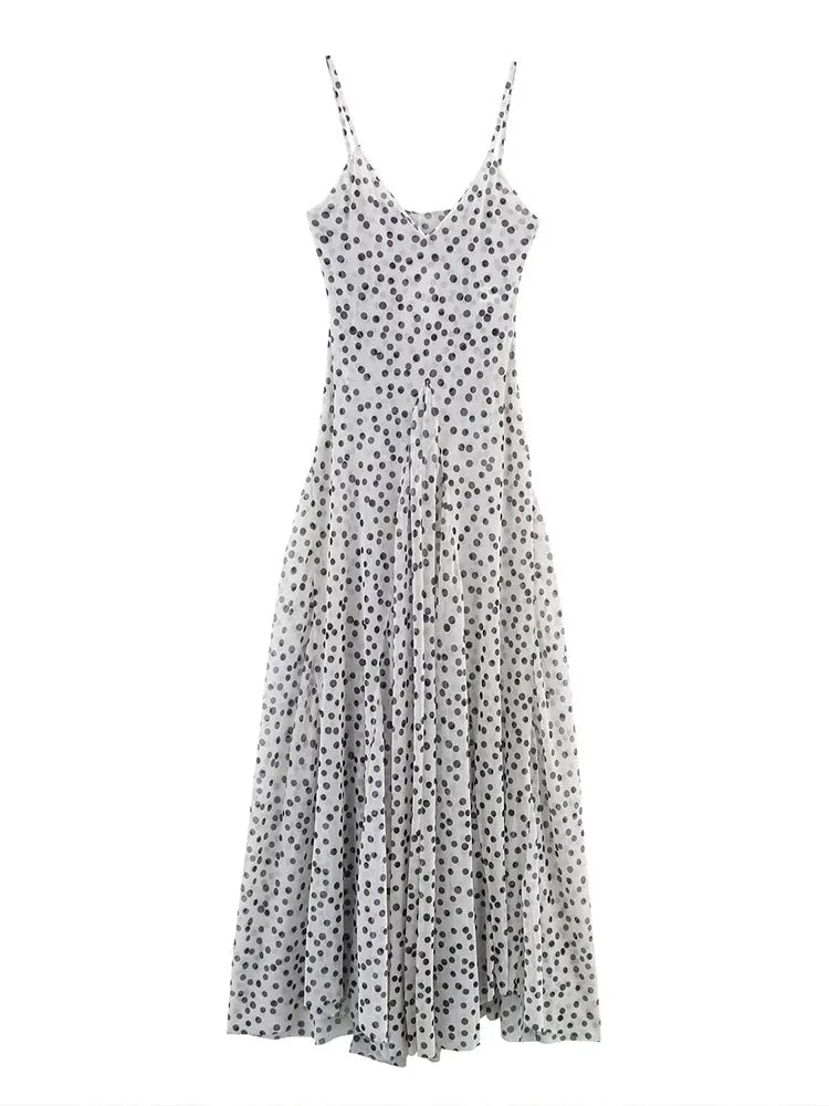 Women Polka Dot Print Maxi Dress | Spaghetti Strap | V-Neck White