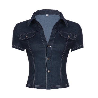 Women Retro High Waisted Top | Denim Top | Y2k Deep Blue