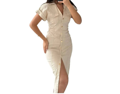 Women Denim Midi Dress | Ruched Waist | Fitted Dress