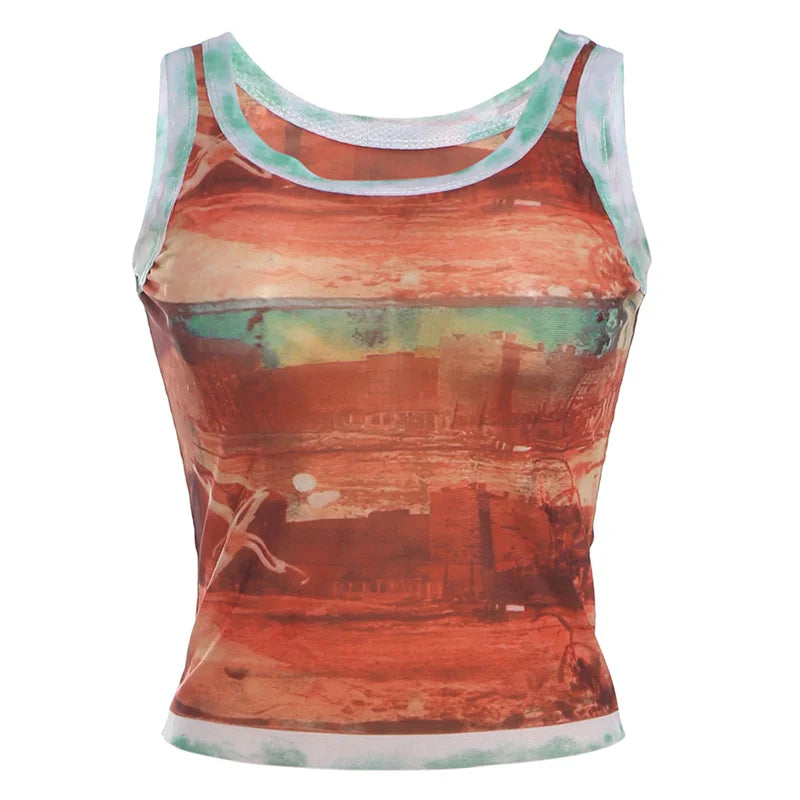 Women Summer Mesh Tank Top | Vintage Print | Crop Top | Tee