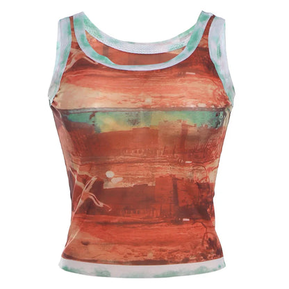 Women Summer Mesh Tank Top | Vintage Print | Crop Top | Tee