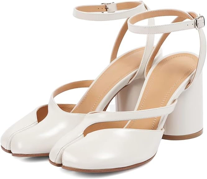 Women Patent Leather Cross Strap Tabi Sandals | Slingbacks Split Toe | Thick High Heels | Chunky Shoe Sandals White
