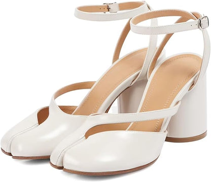 Women Patent Leather Cross Strap Tabi Sandals | Slingbacks Split Toe | Thick High Heels | Chunky Shoe Sandals White