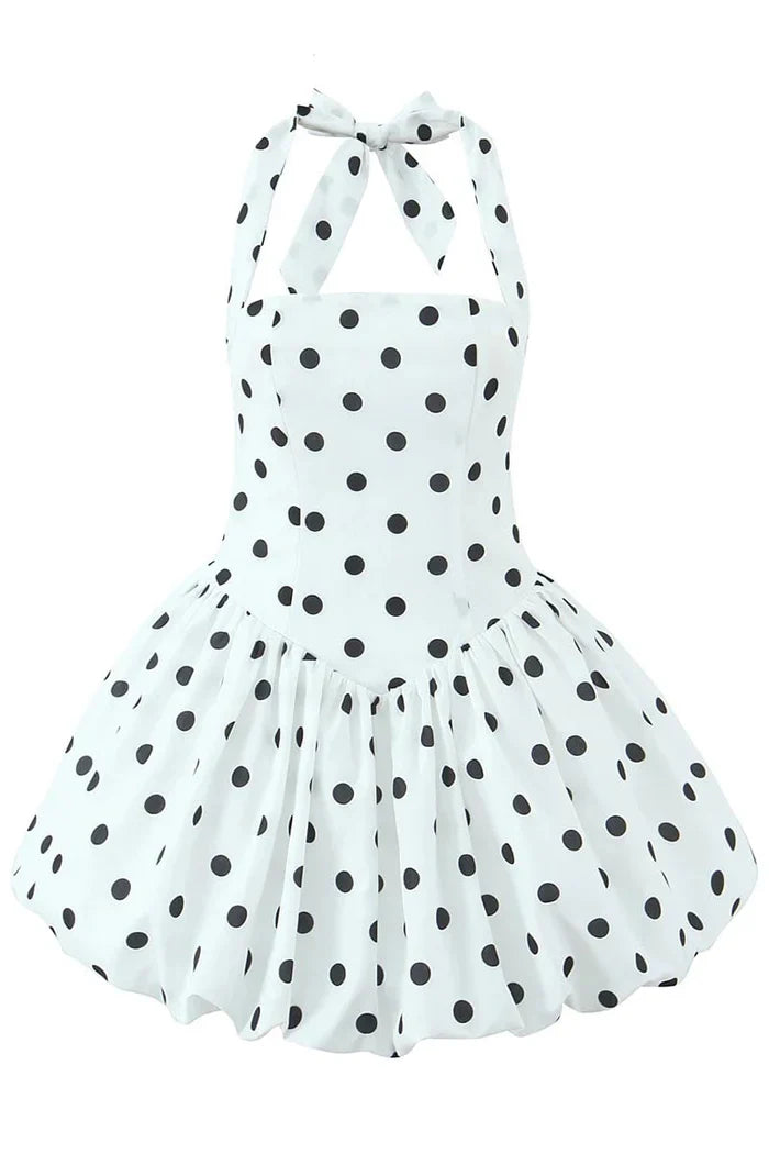 Women Polka Dot Vacation Mini Dress | High Waist | Ball Gown Dress | Sleeveless | Halter Neck