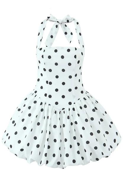 Women Polka Dot Vacation Mini Dress | High Waist | Ball Gown Dress | Sleeveless | Halter Neck