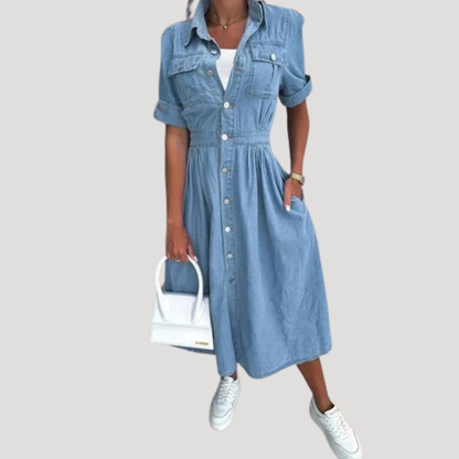 Renata | Women's Button Front Short Sleeve Midi Dress