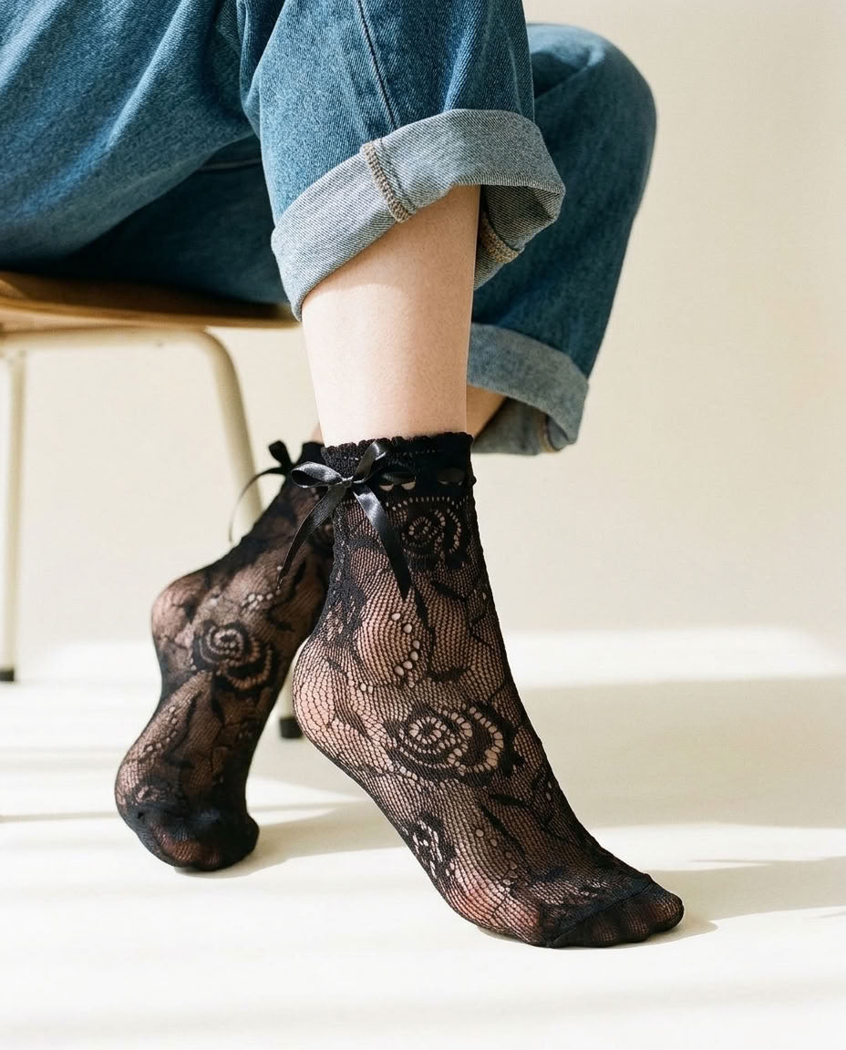Ribbon Tie Rose Lace Socks