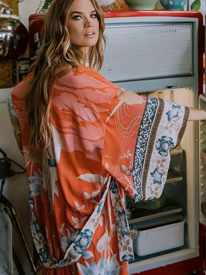 Romaine | Women's Floral Print Open Front Maxi Kimono