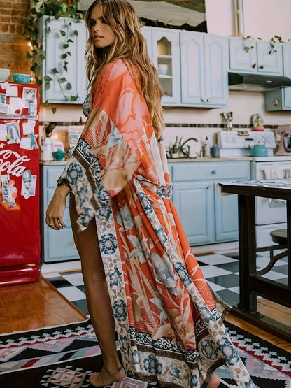 Romaine | Women's Floral Print Open Front Maxi Kimono
