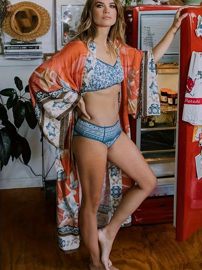 Romaine | Women's Floral Print Open Front Maxi Kimono