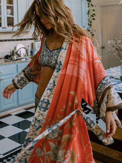 Romaine | Women's Floral Print Open Front Maxi Kimono