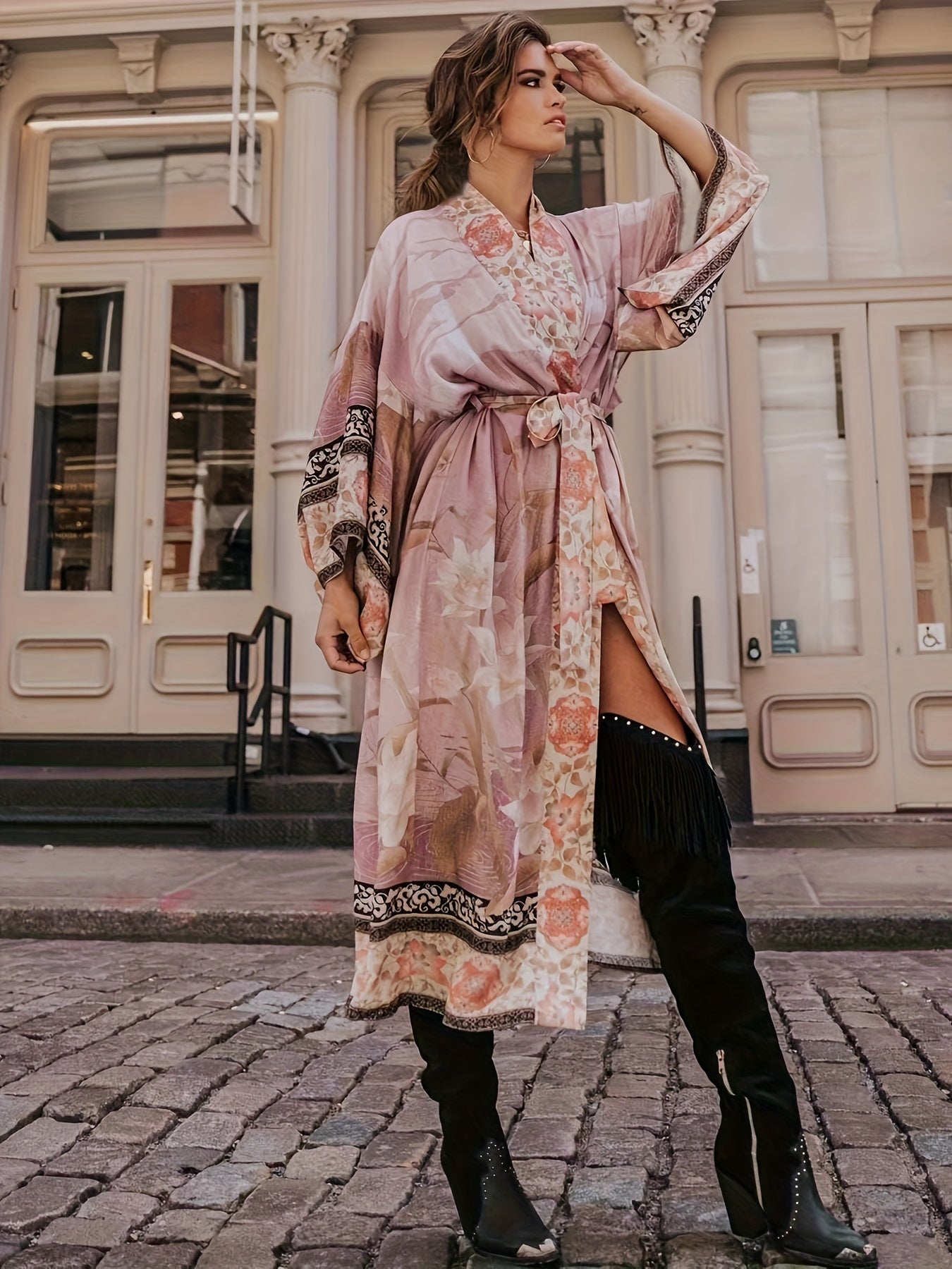 Romaine | Women's Floral Print Open Front Maxi Kimono