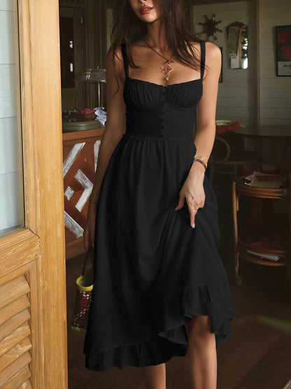 Isla | Women's Ruffle Hem Spaghetti Strap Button Front Midi Dress
