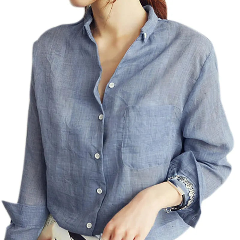 Women Linen Long Sleeve Blouse | Summer Shirt Denim Blue