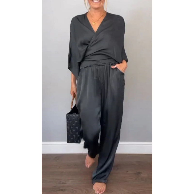 Mila | Women's 2 Piece Set V-Neck Wrap Top Wide Leg Pants