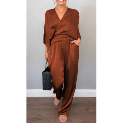 Mila | Women's 2 Piece Set V-Neck Wrap Top Wide Leg Pants