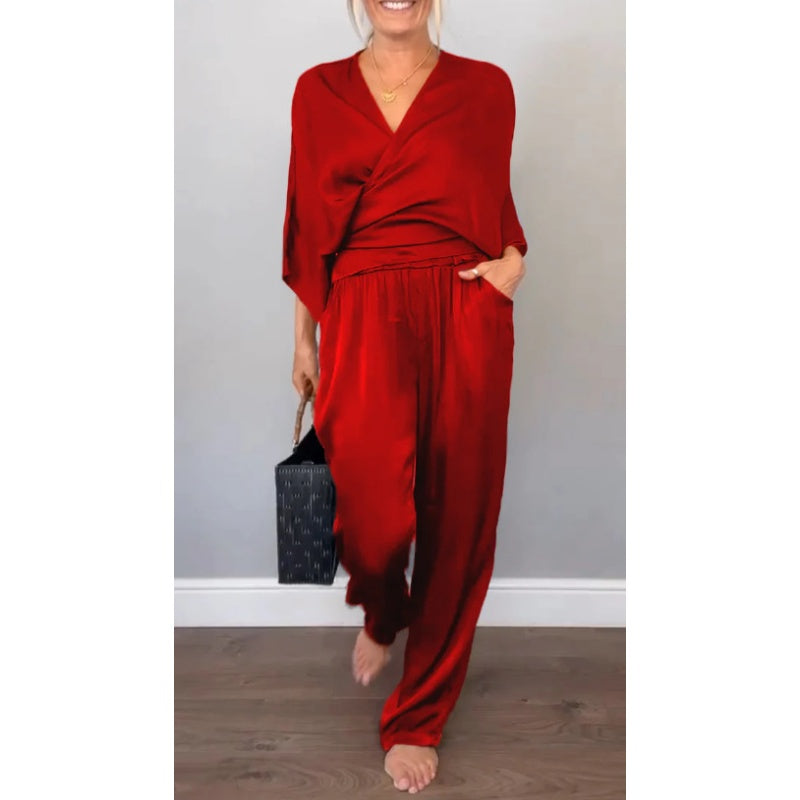 Mila | Women's 2 Piece Set V-Neck Wrap Top Wide Leg Pants