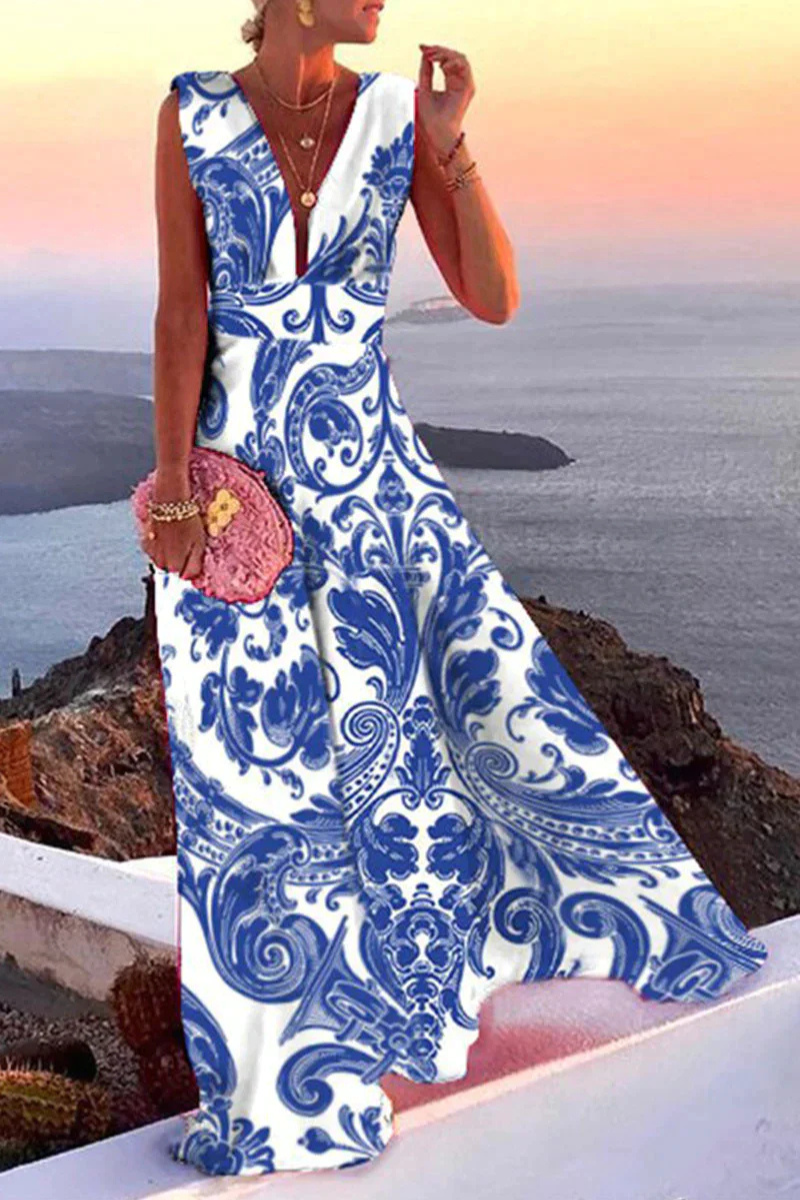 Thalia | Women's Paisley Print V-Neck Sleeveless Maxi Dress