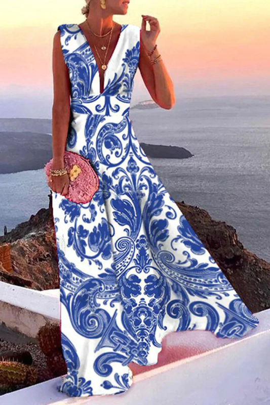 Thalia | Women's Paisley Print V-Neck Sleeveless Maxi Dress