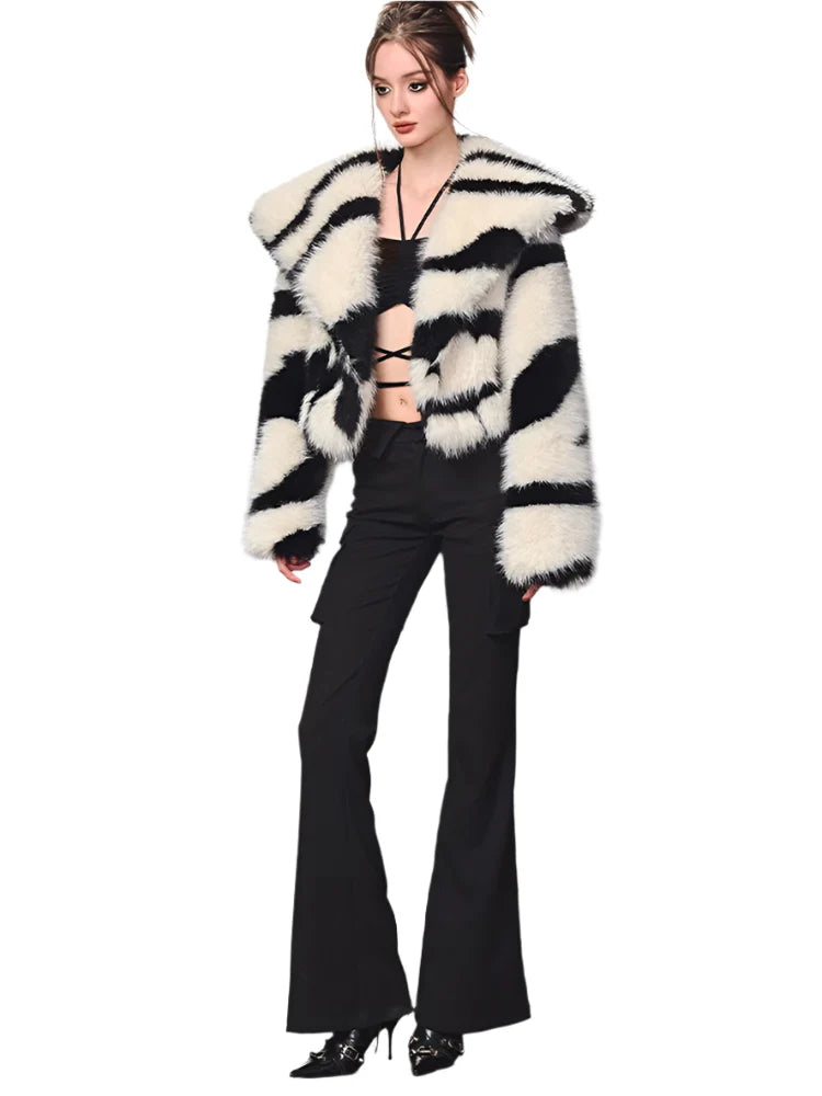Women Cropped Zebra Fur Coat | Fluffy Big Collar Fur Short Jacket