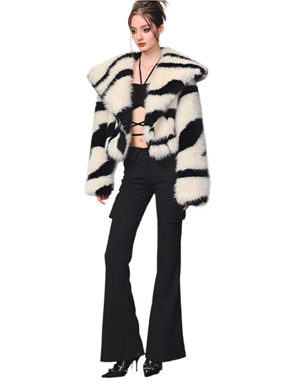 Women Cropped Zebra Fur Coat | Fluffy Big Collar Fur Short Jacket