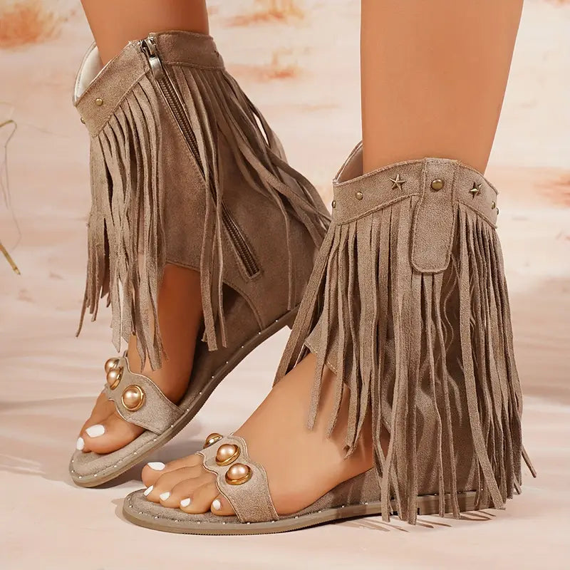 Zara | Women's Fringe Ankle Sandals with Zipper