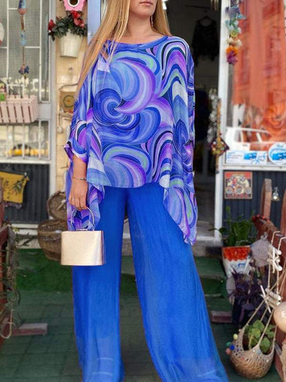 Zarina | Women's Printed Top Wide Leg Pants Two-Piece Set