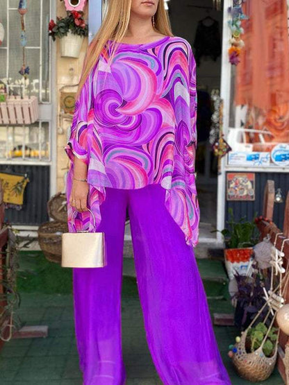 Zarina | Women's Printed Top Wide Leg Pants Two-Piece Set