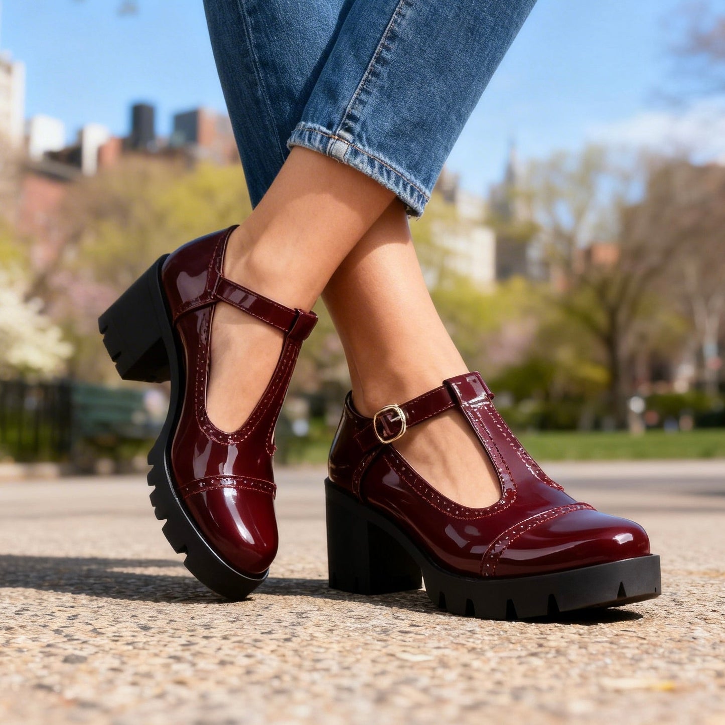Zephyrine | Women's T-Strap Brogue Block Heel Mary Jane