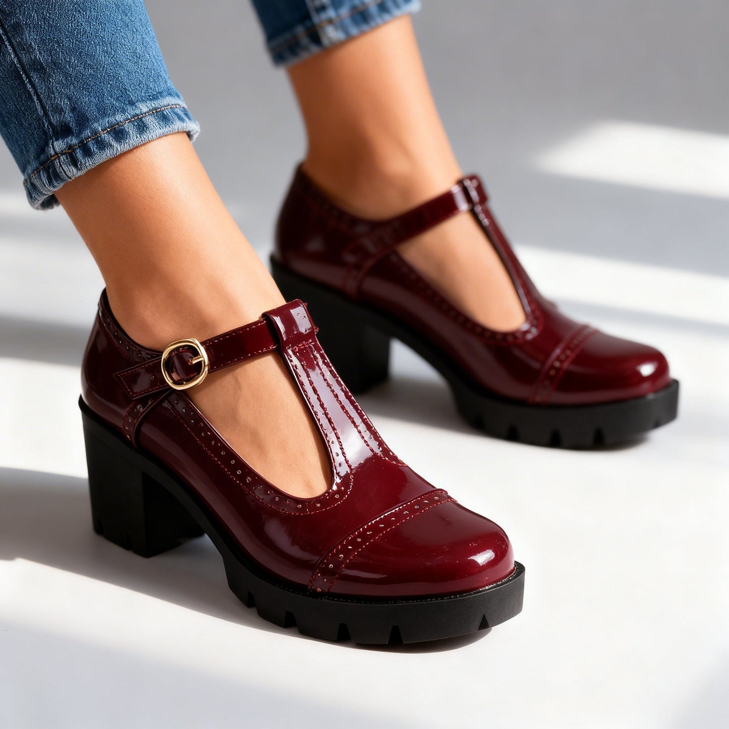 Zephyrine | Women's T-Strap Brogue Block Heel Mary Jane