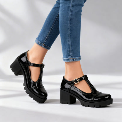 Zephyrine | Women's T-Strap Brogue Block Heel Mary Jane