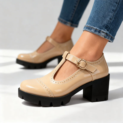 Zephyrine | Women's T-Strap Brogue Block Heel Mary Jane