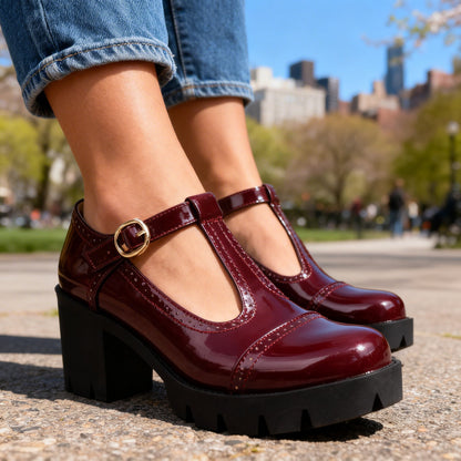 Zephyrine | Women's T-Strap Brogue Block Heel Mary Jane