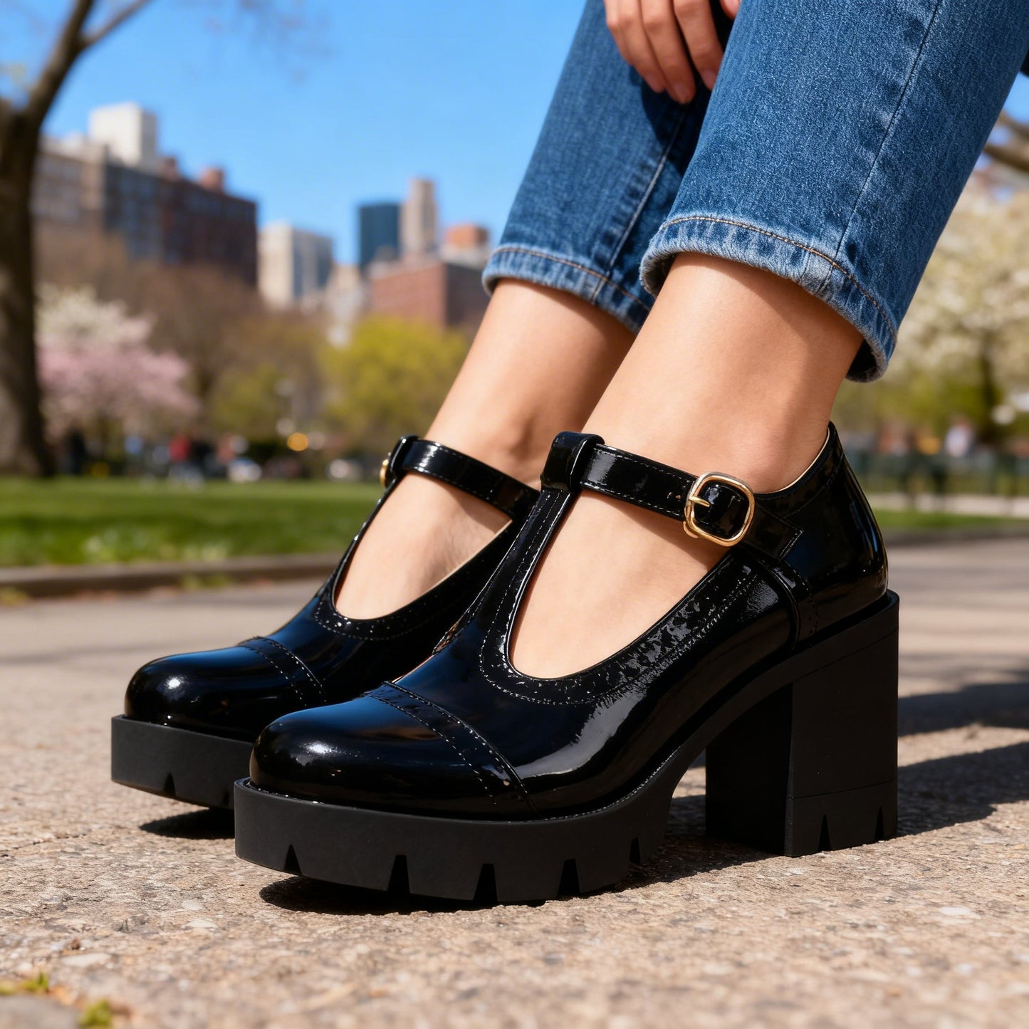 Zephyrine | Women's T-Strap Brogue Block Heel Mary Jane