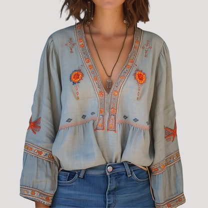 Zinnia | Women's Embroidered V-Neck Long Sleeve Blouse