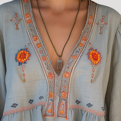 Zinnia | Women's Embroidered V-Neck Long Sleeve Blouse