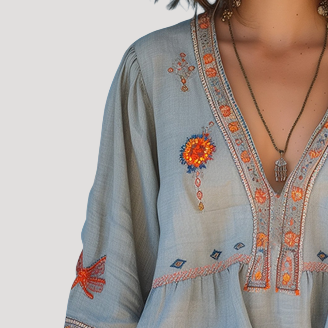 Zinnia | Women's Embroidered V-Neck Long Sleeve Blouse