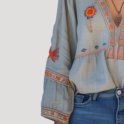 Zinnia | Women's Embroidered V-Neck Long Sleeve Blouse